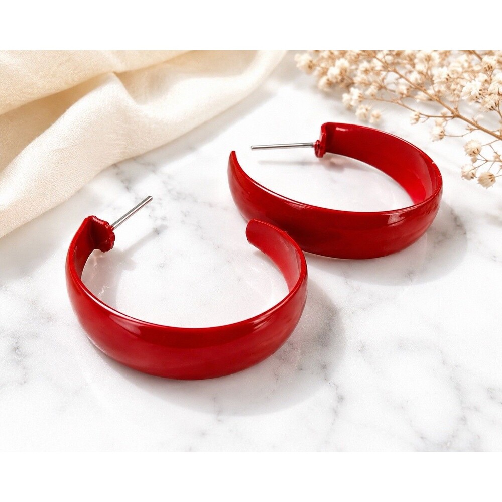 1980s Cherry Red Enamel Wide Tapered C-Hoop Post Earrings Statement Retro